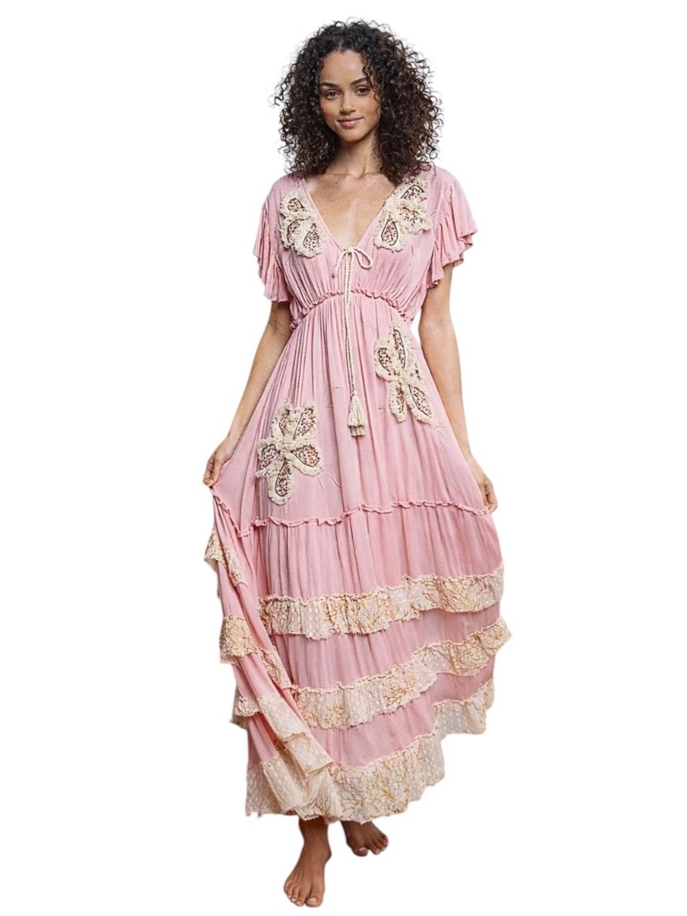 POL Pink Ruffle Trim V-Neck Embroidery
Sequins Tassel Long Maxi Dress